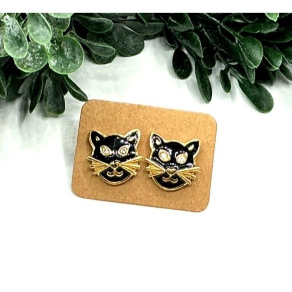 Black Cat Face Stud Earrings With Rhinestones and Gold Tone Accents